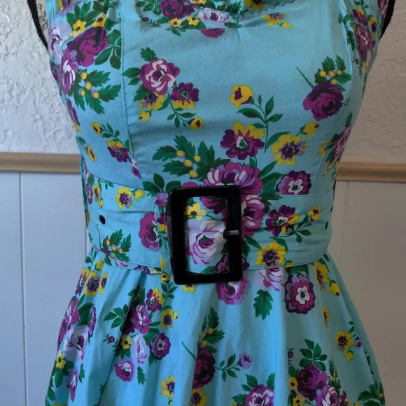 Hell Bunny Floral Print Fit & Flare Turquoise Dree Sleeveless Belted Sz XS Retro - Picture 4 of 8